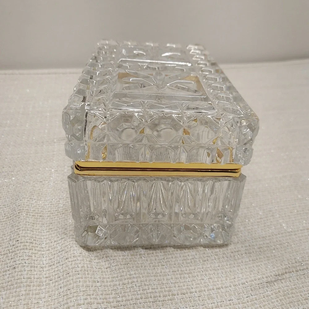 Vintage French Cut Lead Crystal Brass Vanity Jewelry Trinket Casket Box Hand Cut